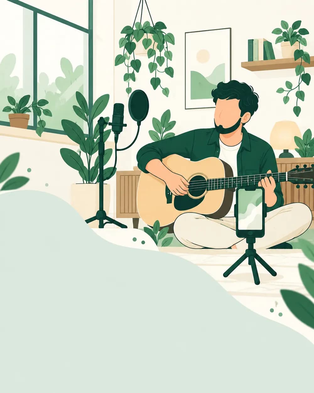 Illustration of a musician filming themselves playing guitar on a phone