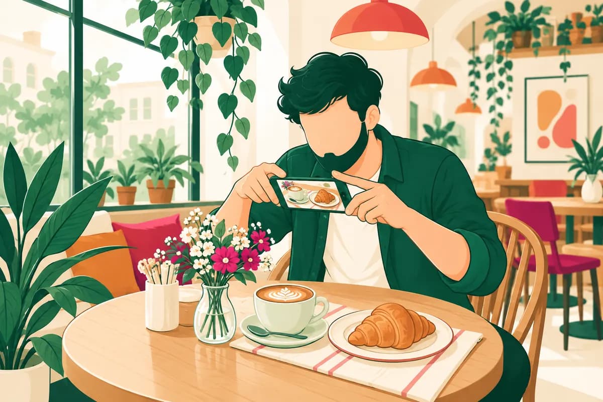 Illustration of a creator photographing coffee and a croissant in a café