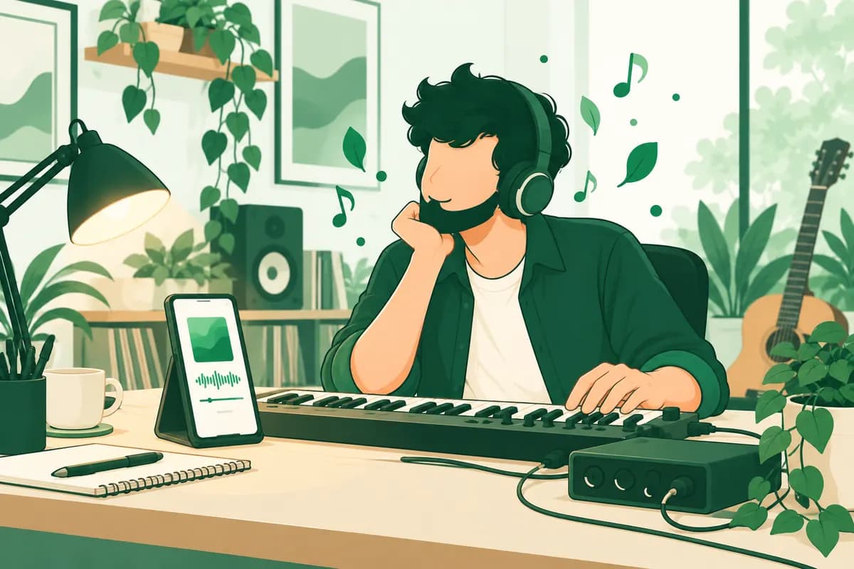 Illustration of a musician listening back to a track in a home studio