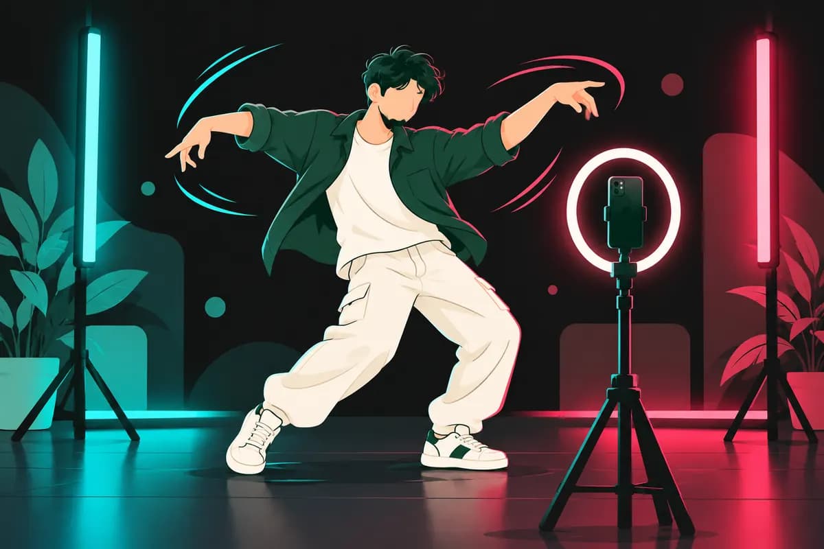 Illustration of a creator dancing in front of a phone on a ring light